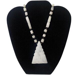 White Quartz Beaded Necklace Handcarved Triangle Pendant Vintage Natural 14.5"